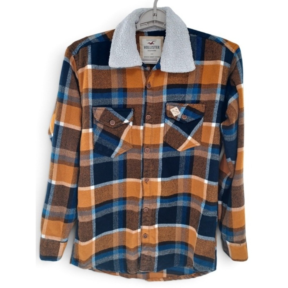 Hollister Flannel Shirt Men Large Orange Blue Plaid Sherpa Collar Long Sleeve